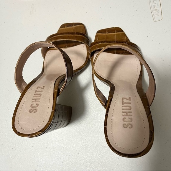 Schutz Brown Crocodile Alligator Block Heels Sandals Shoes Leather Size 6 - Picture 7 of 9